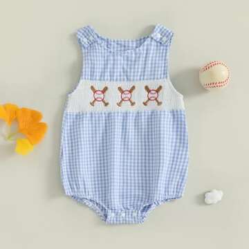 BeQeuewll Summer Baby Clothes Newborn Boy Girl Smocked Bubble Romper Baseball Plaid Overall Infant J...