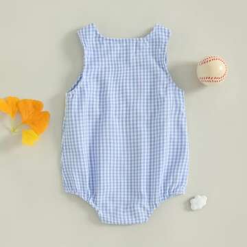 BeQeuewll Summer Baby Clothes Newborn Boy Girl Smocked Bubble Romper Baseball Plaid Overall Infant Jumpsuit One Piece Outfit (Baseball-Blue, 12-18 Months)