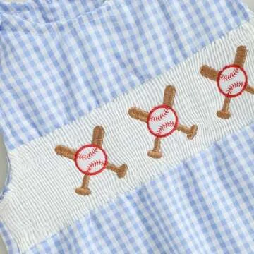 BeQeuewll Summer Baby Clothes Newborn Boy Girl Smocked Bubble Romper Baseball Plaid Overall Infant Jumpsuit One Piece Outfit (Baseball-Blue, 12-18 Months)