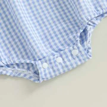 BeQeuewll Summer Baby Clothes Newborn Boy Girl Smocked Bubble Romper Baseball Plaid Overall Infant Jumpsuit One Piece Outfit (Baseball-Blue, 12-18 Months)