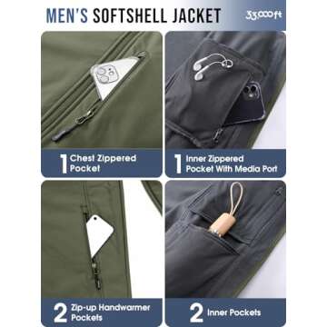 33,000ft Men's Softshell Jacket with Hood Fleece Lined Windbreaker Lightweight Waterproof Jackets for Hiking