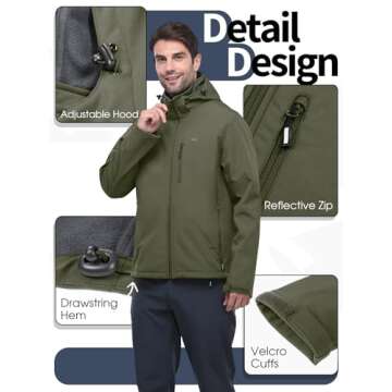 33,000ft Men's Softshell Jacket with Hood Fleece Lined Windbreaker Lightweight Waterproof Jackets for Hiking