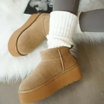 Project Cloud 100% Genuine Suede Leather Ankle Boots for Women - Fur Boots Memory Foam Womens Boots - Anti-Slip Mini Platform Boots, Lightweight Winter Boots for Women Snow Boots (Huggy,Chestnut,7.5)