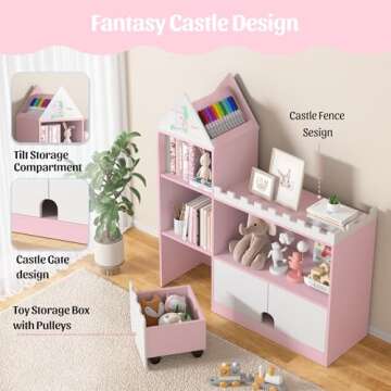 Decofy Toy Storage Organizer, Wood Kids Castle Bookshelf, 6 Cubby Children Bookcase, Montessori Book Shelf for Nursery, Playroom, Living Room [Size: 39.4" L* 11.8" W * 39.4" H] Pink