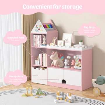 Decofy Toy Storage Organizer, Wood Kids Castle Bookshelf, 6 Cubby Children Bookcase, Montessori Book Shelf for Nursery, Playroom, Living Room [Size: 39.4" L* 11.8" W * 39.4" H] Pink