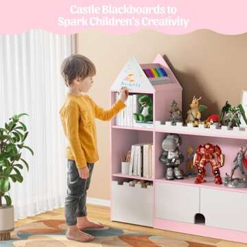 Decofy Toy Storage Organizer, Wood Kids Castle Bookshelf, 6 Cubby Children Bookcase, Montessori Book Shelf for Nursery, Playroom, Living Room [Size: 39.4" L* 11.8" W * 39.4" H] Pink