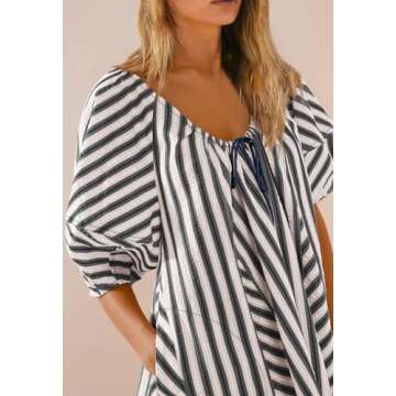 SENSERISE Womens Oversized Striped Romper 3/4 Puff Sleeve Jumpsuit Beach Vacation Outfits with Pocke...