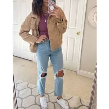 Omoone Women's Long Sleeve Rivet Studded Denim Jacket Casual Washed Pearl Short Jean Coat(2140-KhakiX1-L)