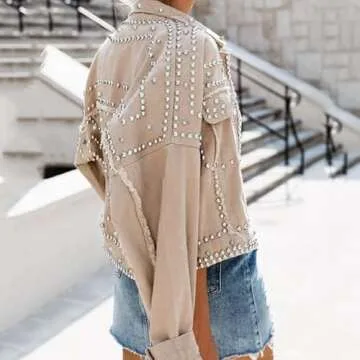 Omoone Women's Long Sleeve Rivet Studded Denim Jacket Casual Washed Pearl Short Jean Coat(2140-KhakiX1-L)