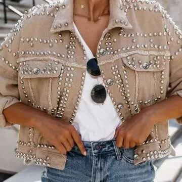 Omoone Women's Long Sleeve Rivet Studded Denim Jacket Casual Washed Pearl Short Jean Coat(2140-KhakiX1-L)