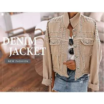 Omoone Women's Long Sleeve Rivet Studded Denim Jacket Casual Washed Pearl Short Jean Coat(2140-KhakiX1-L)