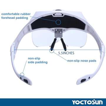 YOCTOSUN LED Head Magnifier, Rechargeable Hands Free Headband Magnifying Glasses with 2 Led, Professional Jeweler's Loupe Light Bracket and Headband are Interchangeable