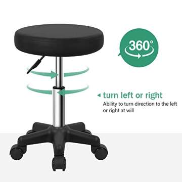 FURWOO Round Rolling Stool Height Adjustable Stool with Wheels for Spa Salon Massage Black