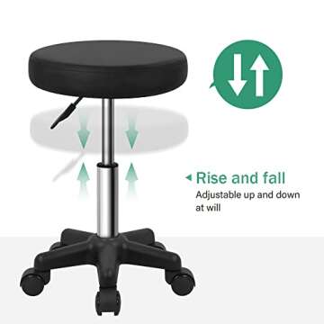 FURWOO Round Rolling Stool Height Adjustable Stool with Wheels for Spa Salon Massage Black