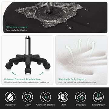 FURWOO Round Rolling Stool Height Adjustable Stool with Wheels for Spa Salon Massage Black