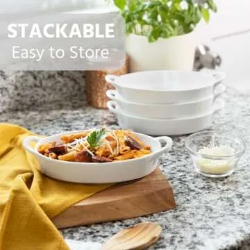 Oval Au Gratin Baking Dishes for Oven Safe and Microwave Cooking and Baking, 4 Pc. Dish Set, Heat Resistant Ceramic with Handles for Serving, Small Mini Casserole Dish, 8” x 5”, 16 oz, White