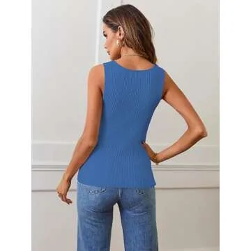 MEROKEETY Women's 2025 Ribbed Tank Tops Knit Square Neck Sleeveless Shirts Summer Casual Basic Tanks, Blue, Medium