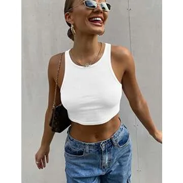 Mokoru Women's Sexy Sleeveless Crop Tank Top Basic Ribbed High Neck Racerback Cropped Top, X-Small, White