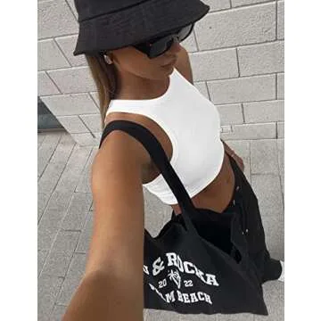 Mokoru Women's Sexy Sleeveless Crop Tank Top Basic Ribbed High Neck Racerback Cropped Top, X-Small, White