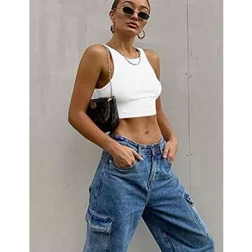 Mokoru Women's Sexy Sleeveless Crop Tank Top Basic Ribbed High Neck Racerback Cropped Top, X-Small, White