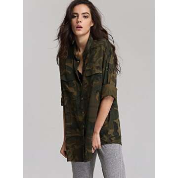 Escalier Women's Button Down Shirt Long Sleeve Causal Military Camouflage Blouse With Pocket,Camouflage,X-Small