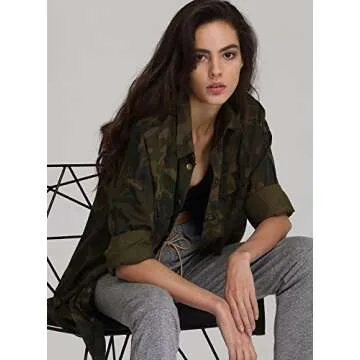 Escalier Women's Button Down Shirt Long Sleeve Causal Military Camouflage Blouse With Pocket,Camouflage,X-Small