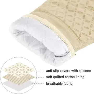 KEGOUU Oven Mitts and Pot Holders 6pcs Set, Kitchen Oven Glove High Heat Resistant 500 Degree Extra Long Oven Mitts and Potholder with Non-Slip Silicone Surface for Cooking (Beige)