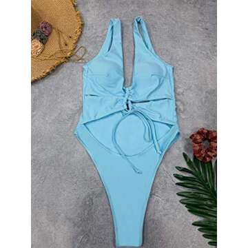 CHYRII Women's Sexy Cutout Lace Up Backless High Cut One Piece Bathing Suit Monokini Blue M