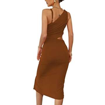 LYANER Women's One Shoulder Ruched Cut Out Split Slit Hem Sleeveless Bodycon Tank Short Dress Brown Medium