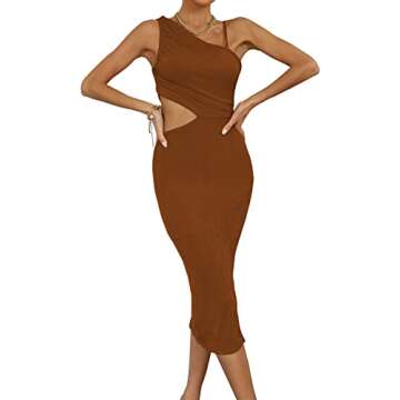 LYANER Women's One Shoulder Ruched Cut Out Split Slit Hem Sleeveless Bodycon Tank Short Dress Brown Medium