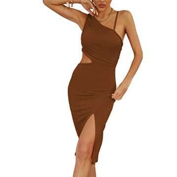 LYANER Women's One Shoulder Ruched Cut Out Split Slit Hem Sleeveless Bodycon Tank Short Dress Brown Medium