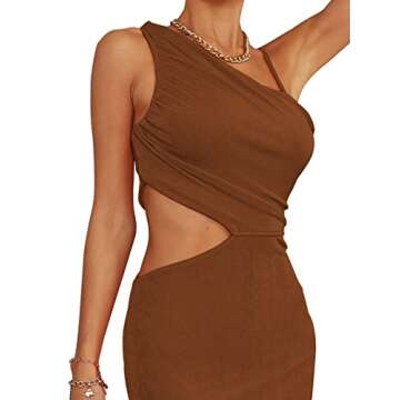 LYANER Women's One Shoulder Ruched Cut Out Split Slit Hem Sleeveless Bodycon Tank Short Dress Brown Medium