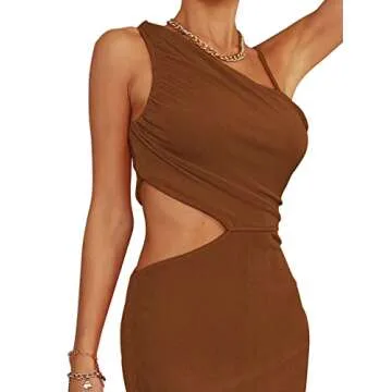 LYANER Women's One Shoulder Ruched Cut Out Split Slit Hem Sleeveless Bodycon Tank Short Dress Brown Medium