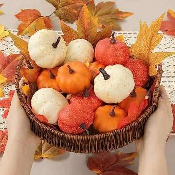 CHEAWRTZ 16PCS Realistic Mini Pumpkin Decor,Fall Decor with Pumpkins Maple Leaves, Artificial Pumpkin Decor for Autumn Filler, Realistic Pumpkin Decorations for Halloween Thanksgiving Fall Home Decor