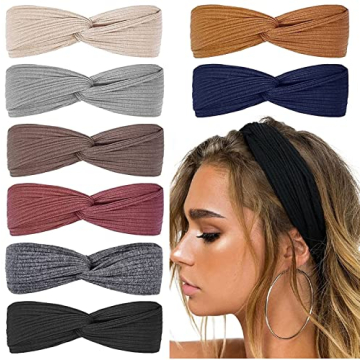 Huachi Hairband for Women's Hair, 8pcs Elastic Headbands for Women, Solid Color, Ribbed Knitting, So...