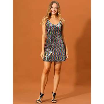 Allegra K Women's Glitter Sequin Dress V Neck Spaghetti Strap Halloween Mini Party Dress Clubwear Medium Rainbow