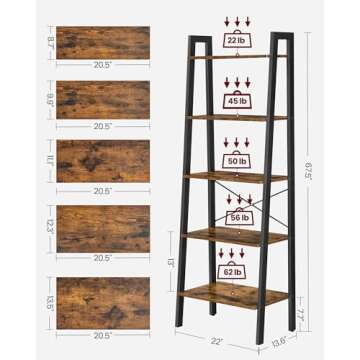 VASAGLE Ladder Shelf, 5-Tier Bookshelf, Storage Rack, Bookcase with Steel Frame, Wood Look Accent Furniture with Metal Frame, 22.1 x 13.3 x 67.7 Inches, Rustic Brown ULLS45X