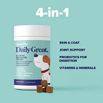 Daily Great Multivitamins for Dogs - Dog Vitamins & Supplements, Glucoasmine, Chondrotin, Omega 3 & Probiotics for Healthy Hip & Joint, Skin & Coat, Heart & Digestion - 120 Natural Multi Vitamin Chews