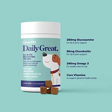 Daily Great Multivitamins for Dogs - Dog Vitamins & Supplements, Glucoasmine, Chondrotin, Omega 3 & Probiotics for Healthy Hip & Joint, Skin & Coat, Heart & Digestion - 120 Natural Multi Vitamin Chews