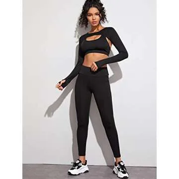 SweatyRocks Women's Stretch Cutout Yoga Sports Tee Long Sleeve Crop Top T Shirts Black Large