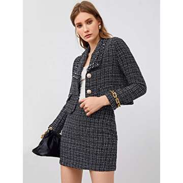 SweatyRocks Women's Business Suit 2 Pieces Flap Tweed Blazer Jacket Coat and Skirt Set Black 1 S