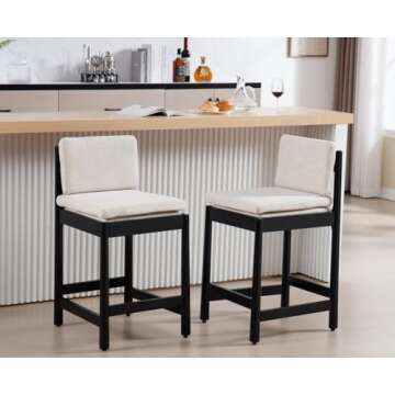 EALSON Counter Height Bar Stools Set of 2 Farmhouse Barstoos with Back Mid Century Modern Counter Stools with Black Wood Legs Upholstered Linen Bar Charis for Kitchen Island/Pub, Beige