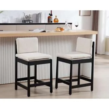 EALSON Counter Height Bar Stools Set of 2 Farmhouse Barstoos with Back Mid Century Modern Counter Stools with Black Wood Legs Upholstered Linen Bar Charis for Kitchen Island/Pub, Beige