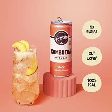 Remedy Kombucha Tea Organic Drink - Peach Flavor, Sugar Free & Low Calorie - Live Beverage 12-Pack