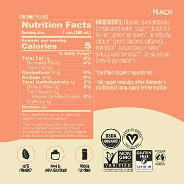 Remedy Peach Kombucha - Organic, Sugar Free, Low Calorie Drink