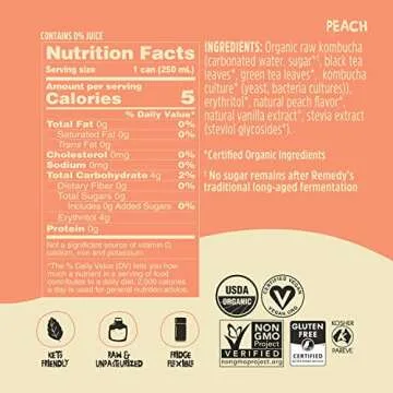 Remedy Peach Kombucha - Organic, Sugar Free, Low Calorie Drink