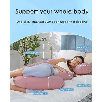 QUEEN ROSE Cooling Pregnancy Pillows, E Shaped Maternity Pillow for Sleeping, with Extra Wedge Pillow for Belly Support, 60 Inch Full Body Pillow, Pink
