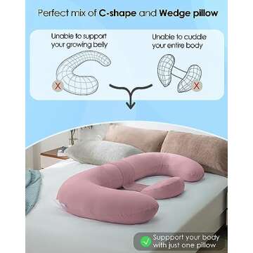 QUEEN ROSE Cooling Pregnancy Pillows, E Shaped Maternity Pillow for Sleeping, with Extra Wedge Pillow for Belly Support, 60 Inch Full Body Pillow, Pink