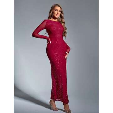 Colysmo Sparkly Sequin Bodycon Maxi Dress Long Sleeve Sexy Side Split Wedding Guest Formal Elegant Dresses for Women Wine XS