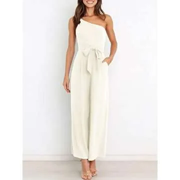 ANRABESS Women Summer Dressy Jumpsuits One Shoulder Sleeveless Casual Wide Leg Pants Romper Jumper 2025 Trendy Outfits White Medium